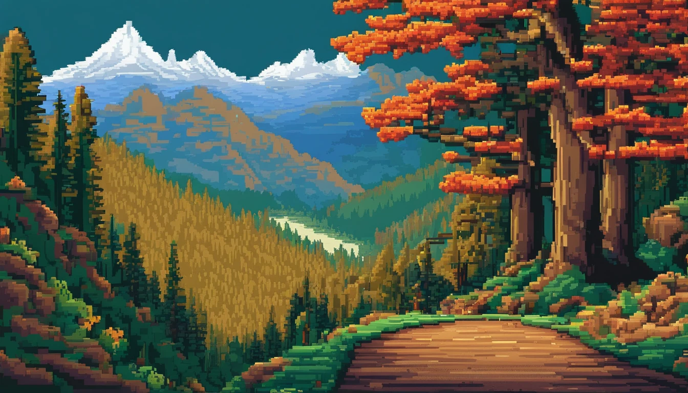 Pixel Art. Retrata uma estrada de asfalto nas montanhas, cercado por para-choques em uma noite escura com muitas curvas acentuadas;, iluminado por lanternas antigas desbotadas, Against the background is a high mountain surrounded by a dense coniferous forest, no outono