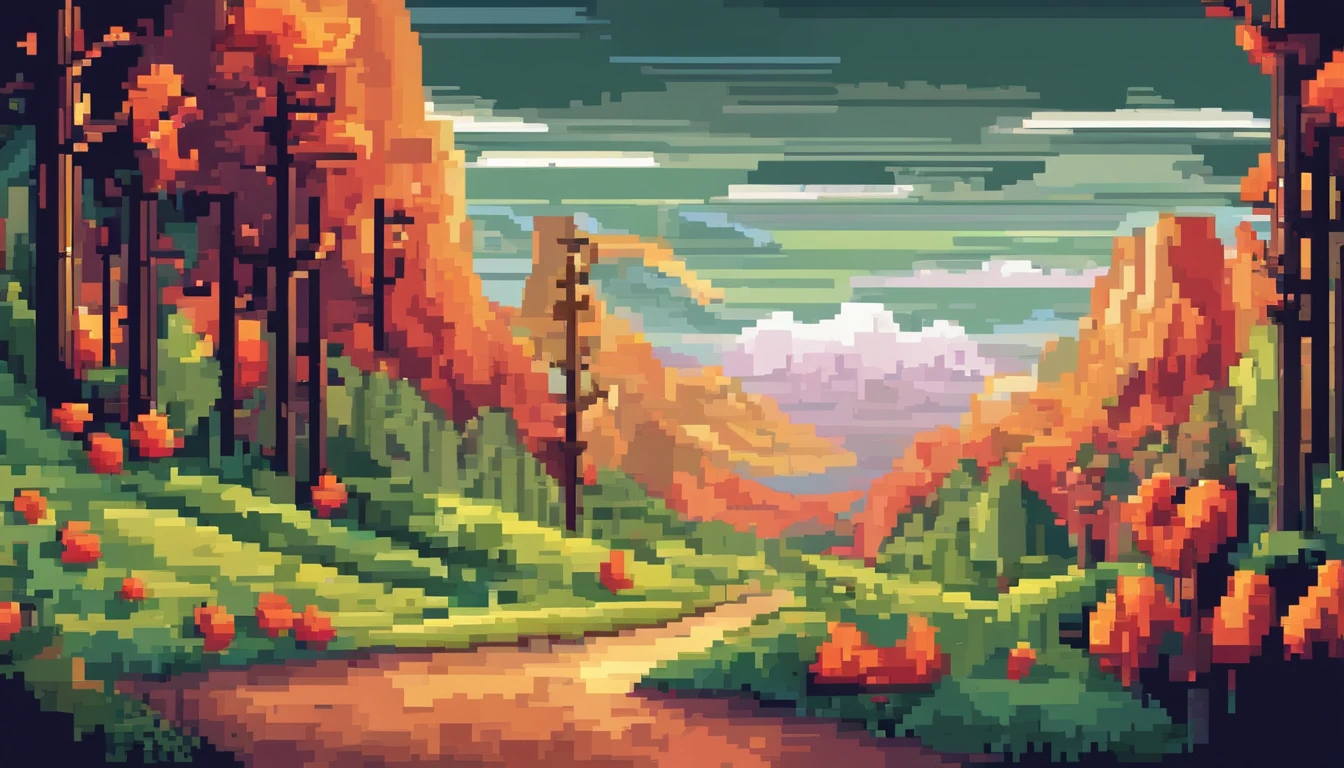 Pixel Art. Retrata uma estrada de asfalto nas montanhas, cercado por para-choques em uma noite escura com muitas curvas acentuadas;, iluminado por lanternas antigas desbotadas, Against the background is a high mountain surrounded by a dense coniferous forest, no outono