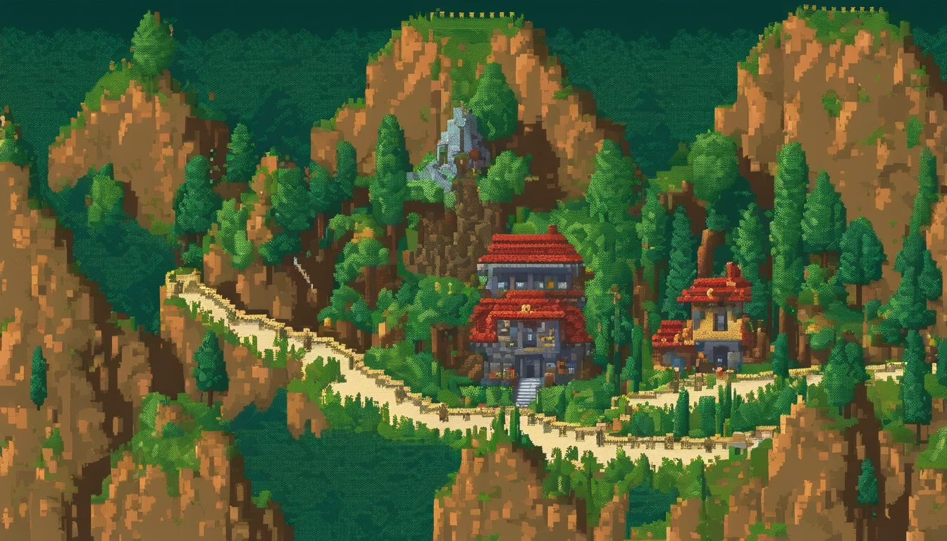 Pixel Art. Retrata uma estrada de asfalto nas montanhas, cercado por para-choques em uma noite escura com muitas curvas acentuadas;, iluminado por lanternas antigas desbotadas, Against the background is a high mountain surrounded by a dense coniferous forest, no outono