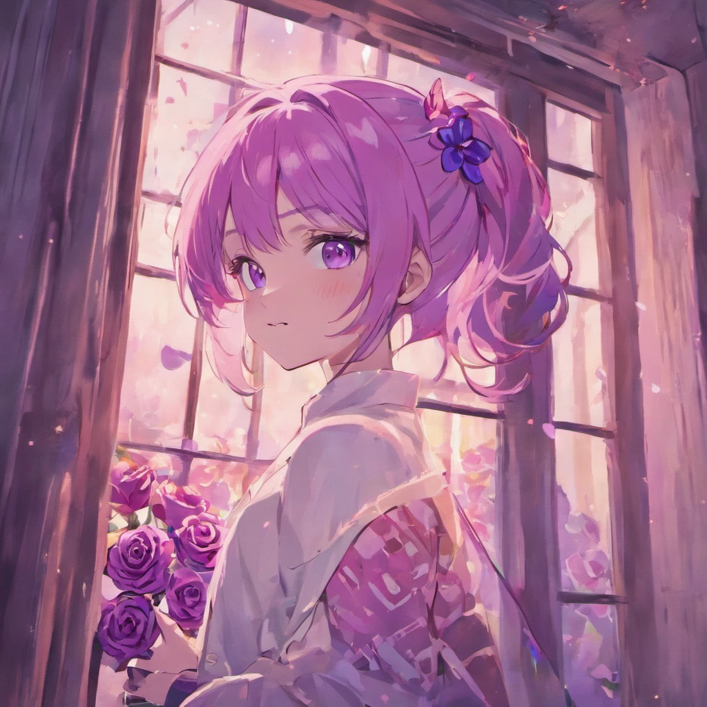 (best quality,highres),smiling,short ponytail,purple eyes,light purple hair,light skin,white shirt,holding mauve roses,upper body,fantasy beautifully lit window