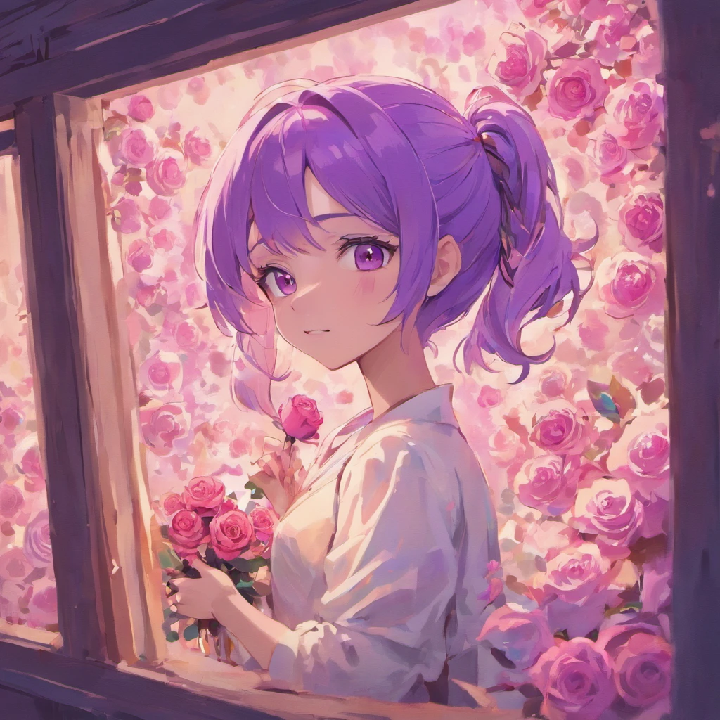 (best quality,highres),smiling,short ponytail,purple eyes,light purple hair,light skin,white shirt,holding mauve roses,upper body,fantasy beautifully lit window