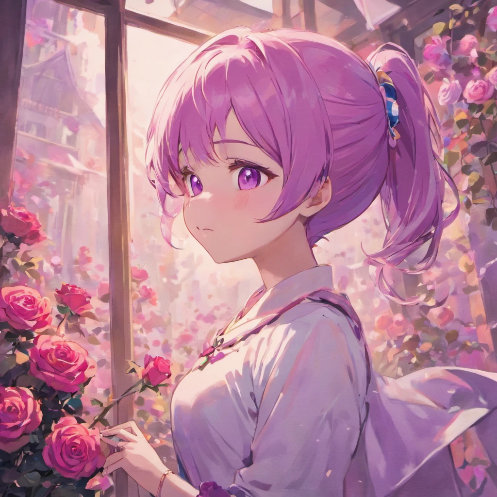 (best quality,highres),smiling,short ponytail,purple eyes,light purple hair,light skin,white shirt,holding mauve roses,upper body,fantasy beautifully lit window