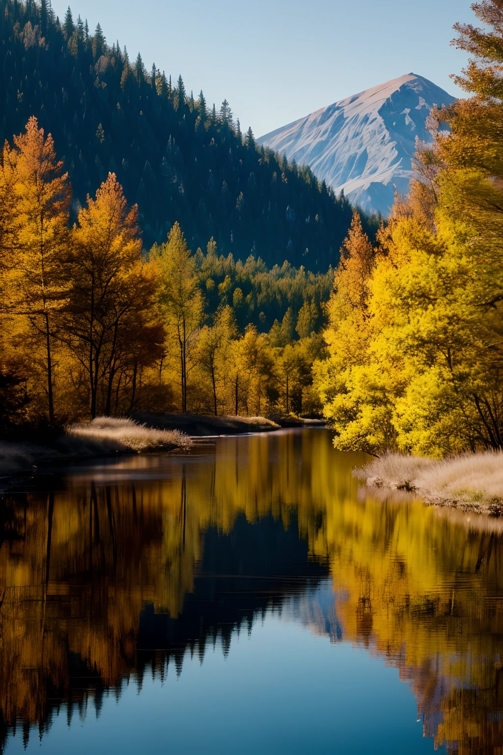Reflection of a beautiful landscape on the largest natural mirror, highly detailed, breathtaking, inspired by the style of Ken Duncan well known as the pioneer of landscape, in making use of dodging and burning to edit a landscape image.