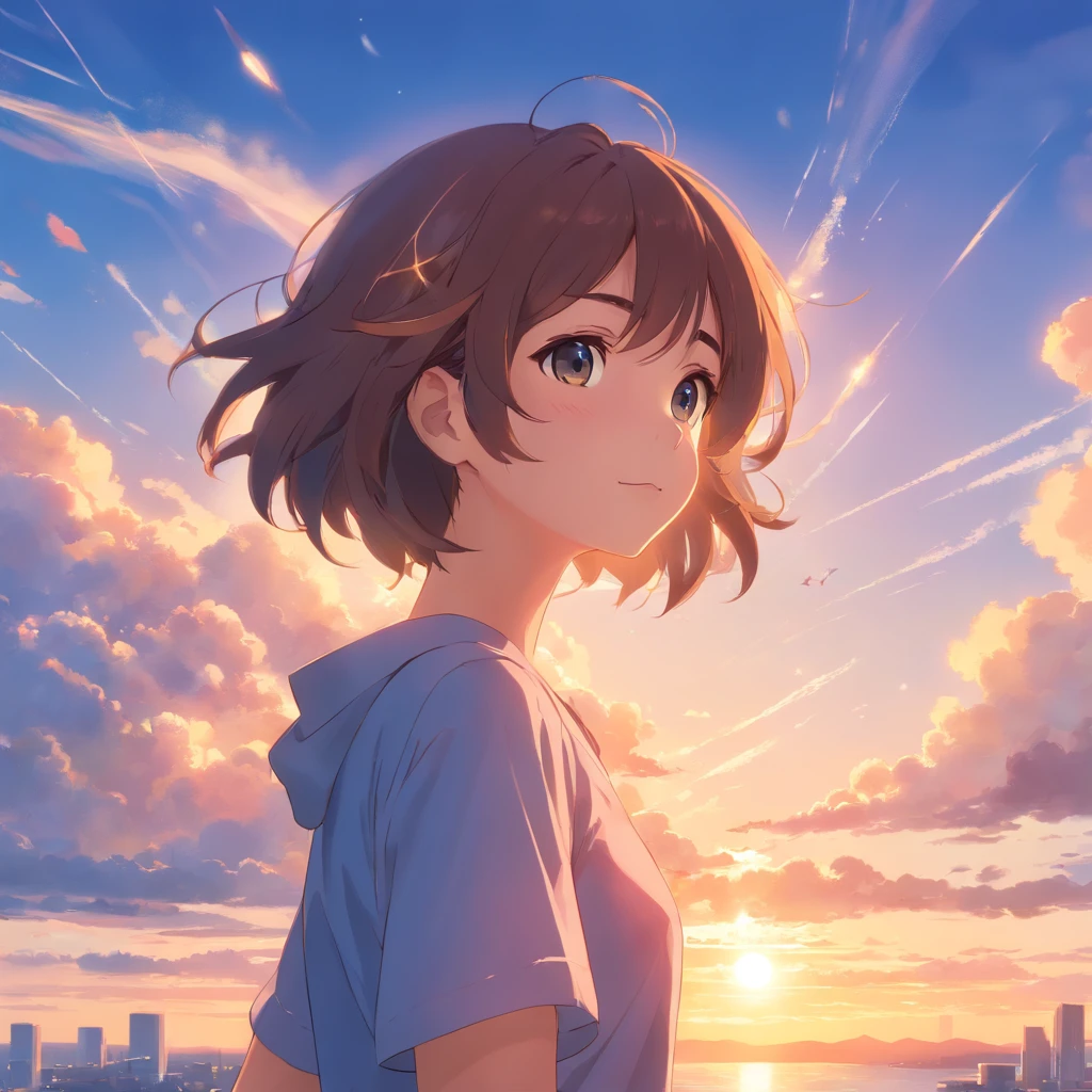 masterpiece、top-quality、Movie stills、1girl、Cloud Girl、floating in sky、a closeup、发光、happiness、Warm soft lighting、the setting sun、(Spark:0.7) kawaii