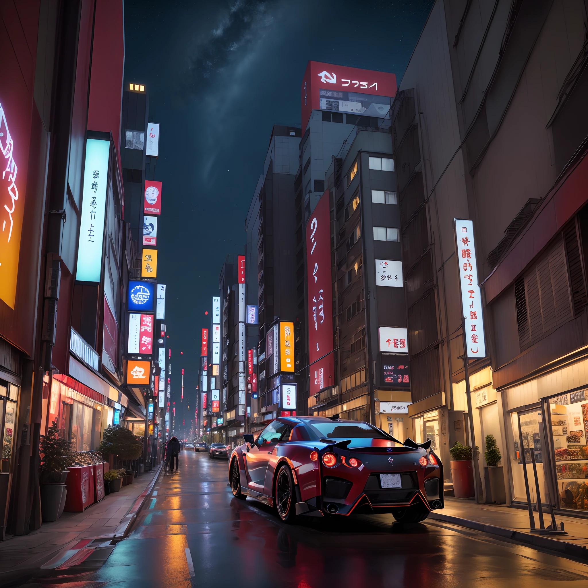 Nissan GTR drifting、Background of night view of Tokyo、Best Quality、The capital is high、Neon streets、Highway、Finely drawn cityscape、modern city
