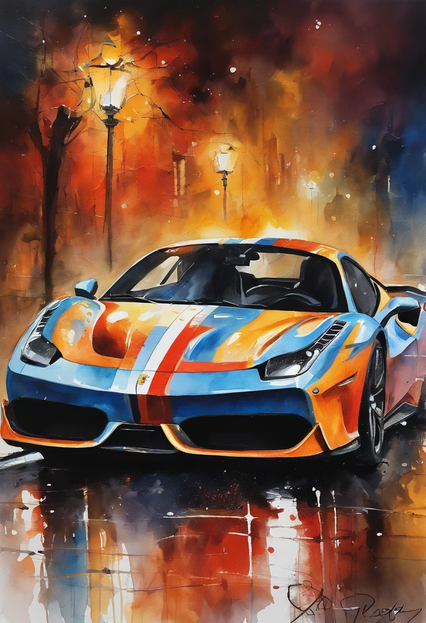 A painting of a blue and orange sports car on a wet street - SeaArt AI