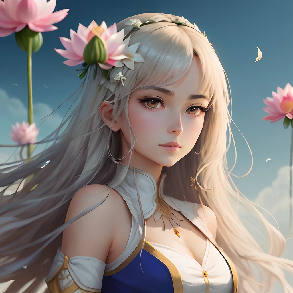 Personnage anime charismatique avec fleur de lotus. Regard profond et dynamique.