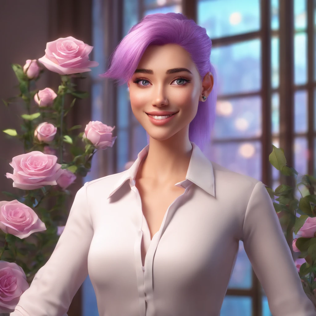 Short ponytail, light purple hair, light skin, purple eyes, white shirt, upper body, smiling, holding mauve roses, fantasy beautifully lit window,25years-old,a handsome man