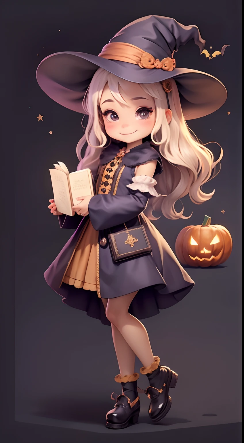 Cute Halloween Theme、full body Esbian、A smile、 magic wands、Magic Book、Glamorous Hat、Halloween Accessories、Draw clothes buttons and pockets in a Halloween style、Cute shoes,