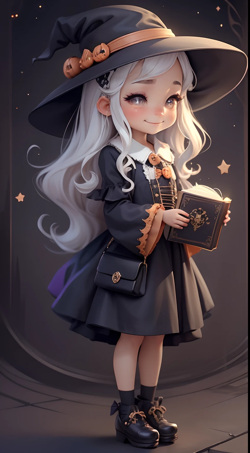 Cute Halloween Theme、full body Esbian、A smile、 magic wands、Magic Book、Glamorous Hat、Halloween Accessories、Draw clothes buttons and pockets in a Halloween style、Cute shoes、Take your hat and say hello