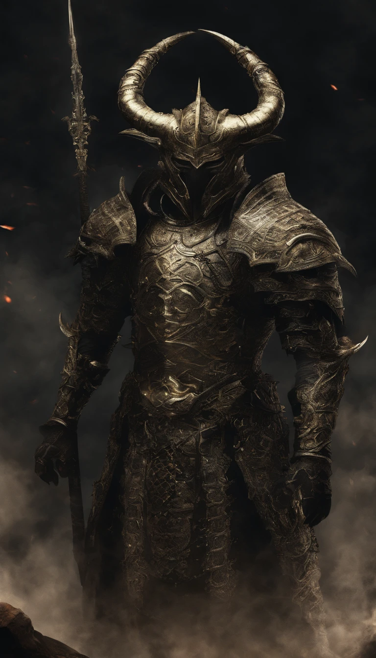 warrior, concept-art, author：Kishiganku, Fantasy art, battleground background, clean render, a horned, There are abs exposed·，Long knife in hand，Wear a suit of armor, Detailed bushido form smoke, helmet of a forgotten deity, character is standing, 8k Realistic, in game render, detailed face background detail, Art station front page, taur, Pseudo-medieval fantasy, A deity wearing koi armor, detailed bronze armor, Bronze armor, golden etched armor, gold obsidian armor, Light gold armor, Gorgeous filigree armor, A demonic warrior, Gorgeous armor full of thorns, Intricate assasin armor, Intricate metal armor, powerful warrior, Dressed in gorgeous gold armor，Decorated with intricate patterns, The helmet has a large crown and two horns,Glowing red eyes， Everything is in the dark, The smoky background alludes to battle scenes, Add an ominous aura to his character，submission, Full body shot.