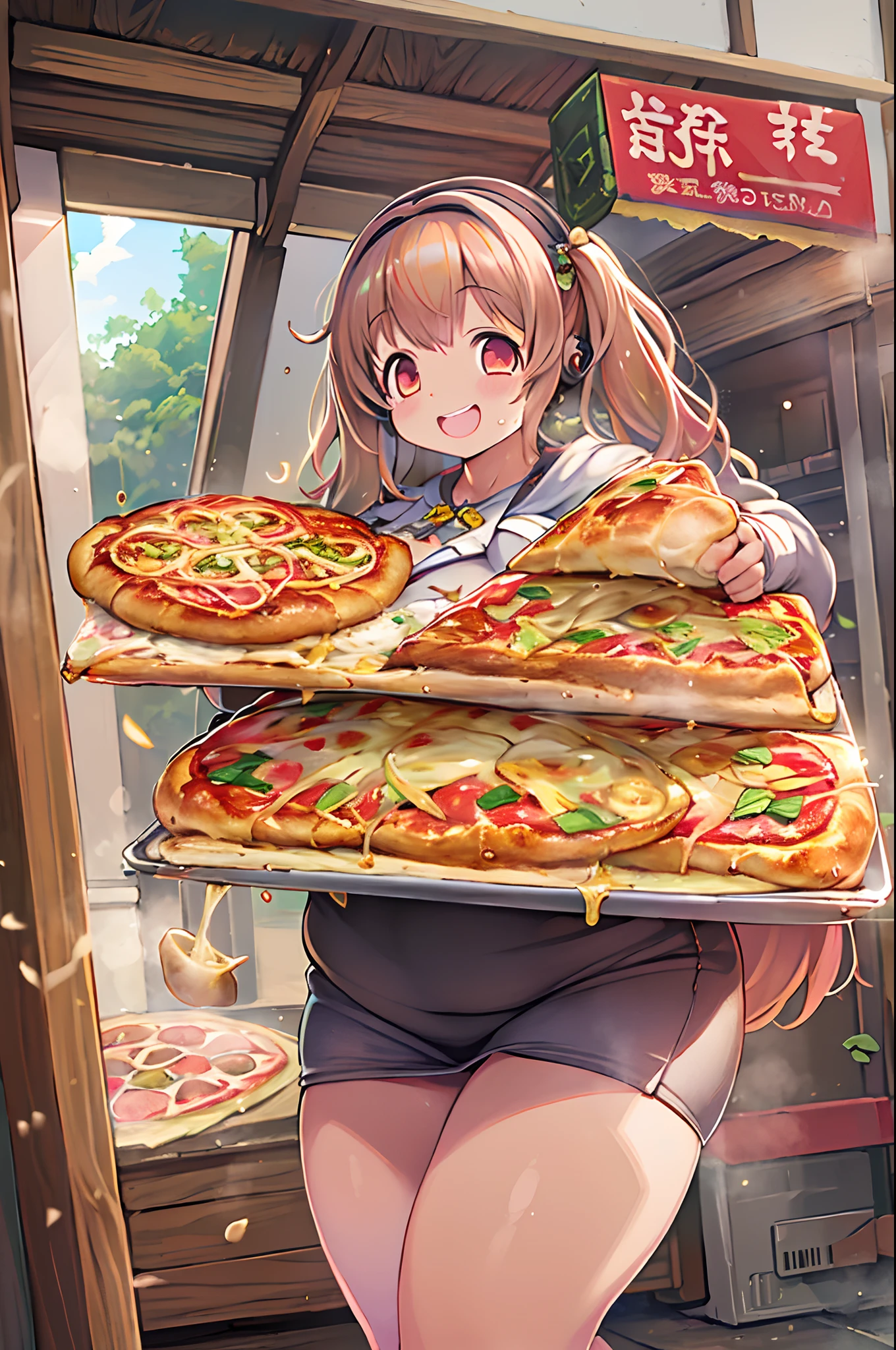 masutepiece, Best Quality, 女の子1人、huge-breasted、bbw、Holding (Giant pizza slices)1.5、Thumbs up、huge smile、Plastic bottles of cola、