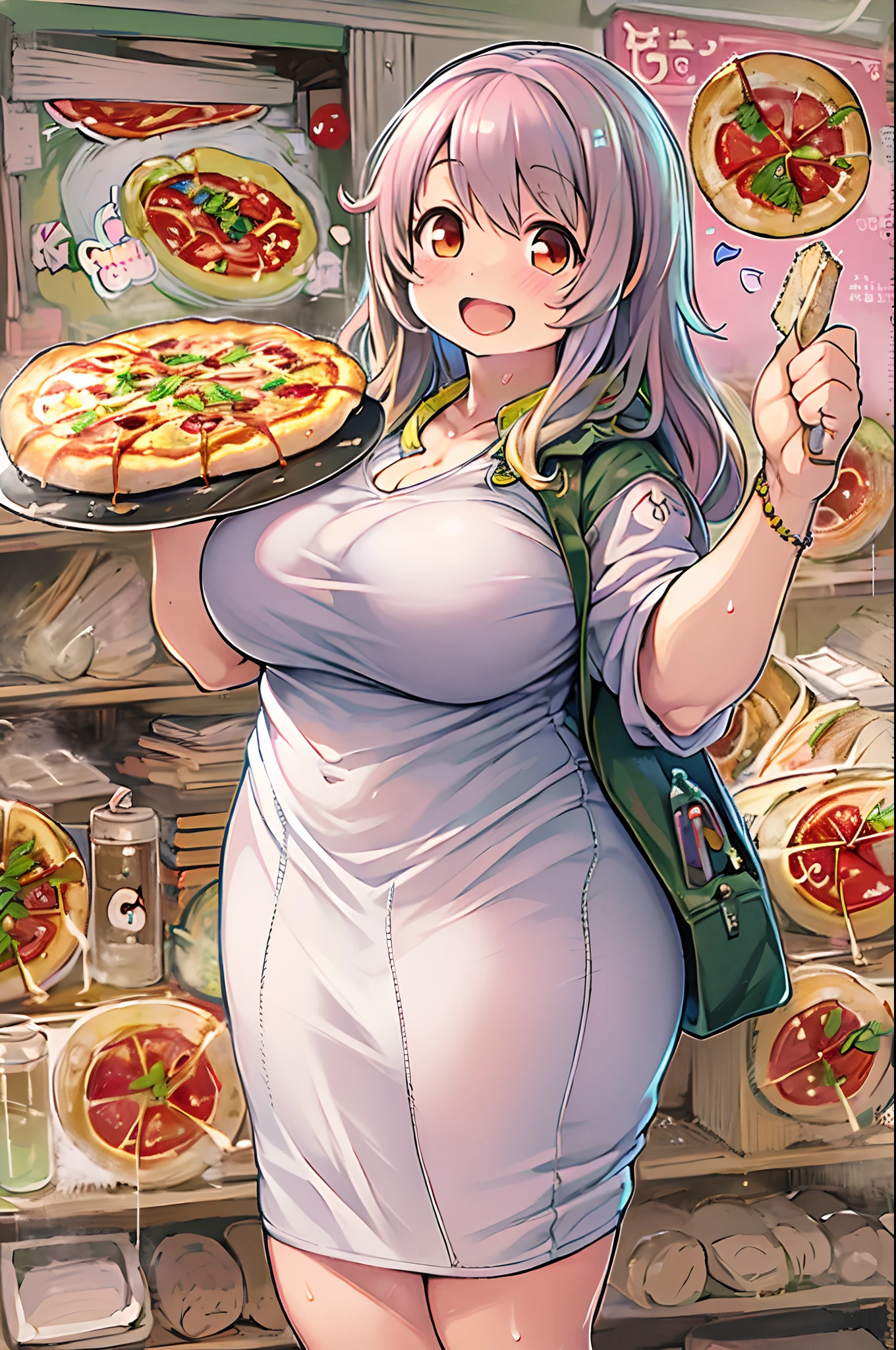 masutepiece, Best Quality, 1人、huge-breasted、bbw、Holding (Giant pizza slices)1.5、Thumbs up、huge smile、Plastic bottles of cola、