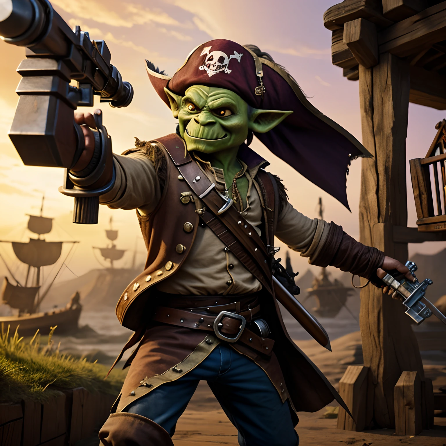 pirate goblin with a wooden robot arm, holding a flintlock in each hand