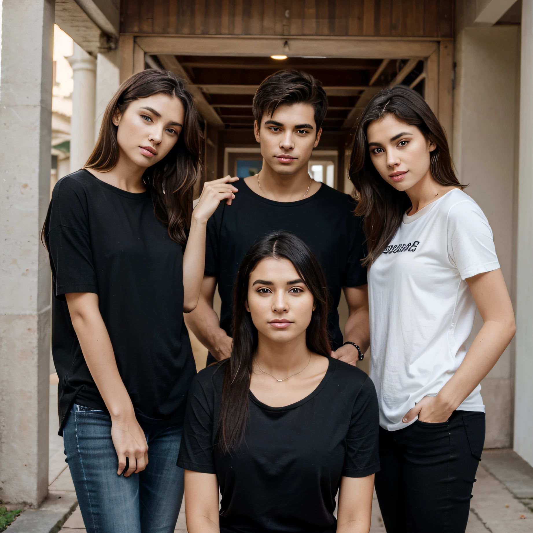 a group of 4 friends include both male and female in plain black tshirt, ngo like style, real image