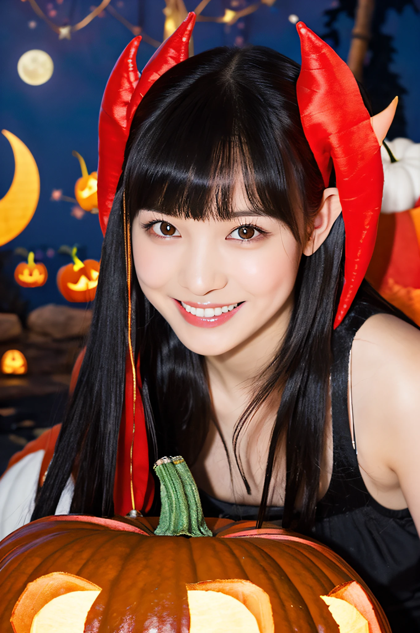 masterpiece、top-quality、ultra-detailliert、Halloween, pumpkins, Long Black Hair, Red Eyes, Smile, Blunt bangs, Ahoge, Night, Pointed ears, Little Devil Hornhead, Moon, Vampire