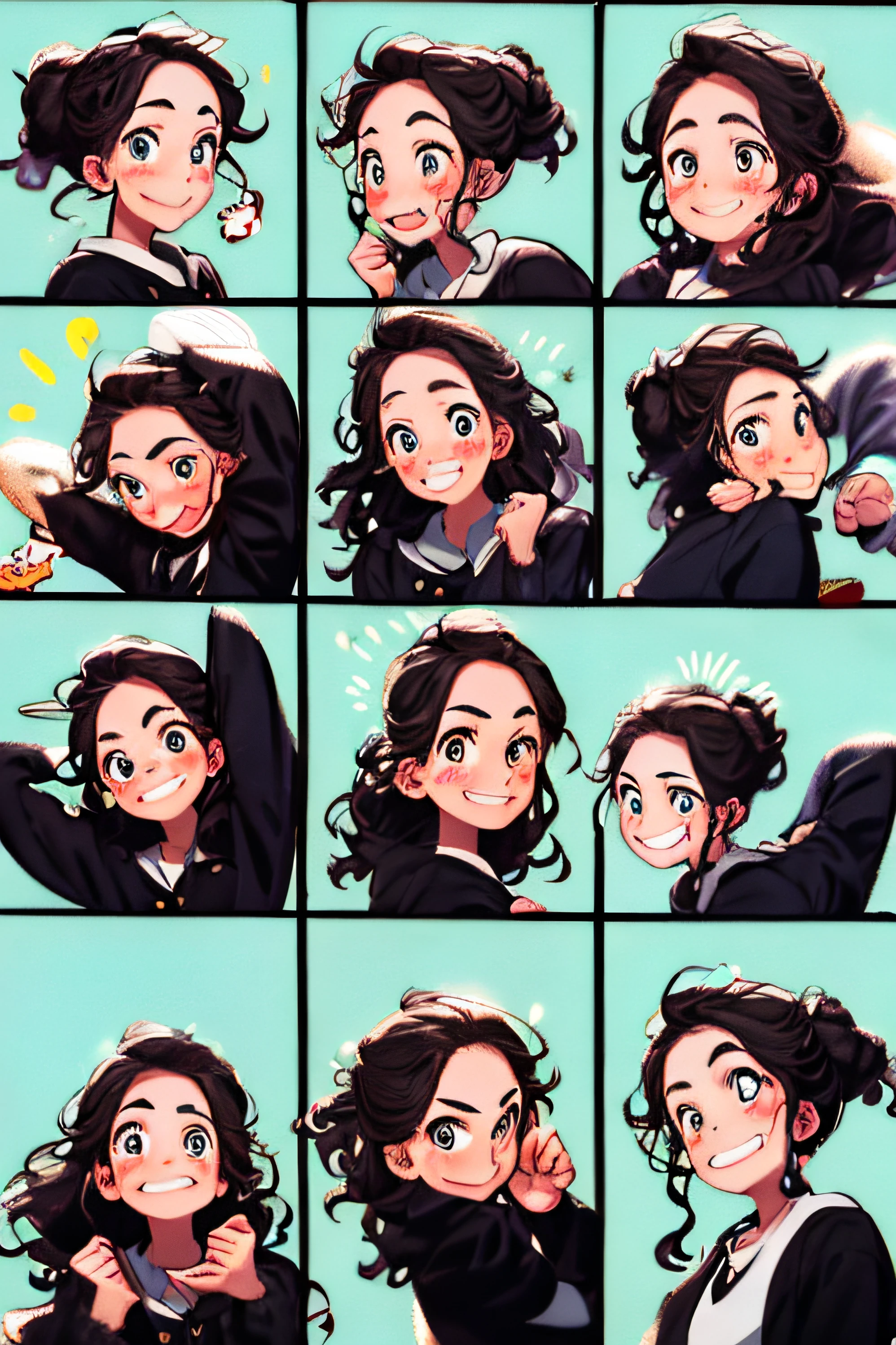 1 cute girl, 9 grids, 9 poses and expressions, cute, pink cardigan, blue eyes, two knots, freckles, different emotions, 8K