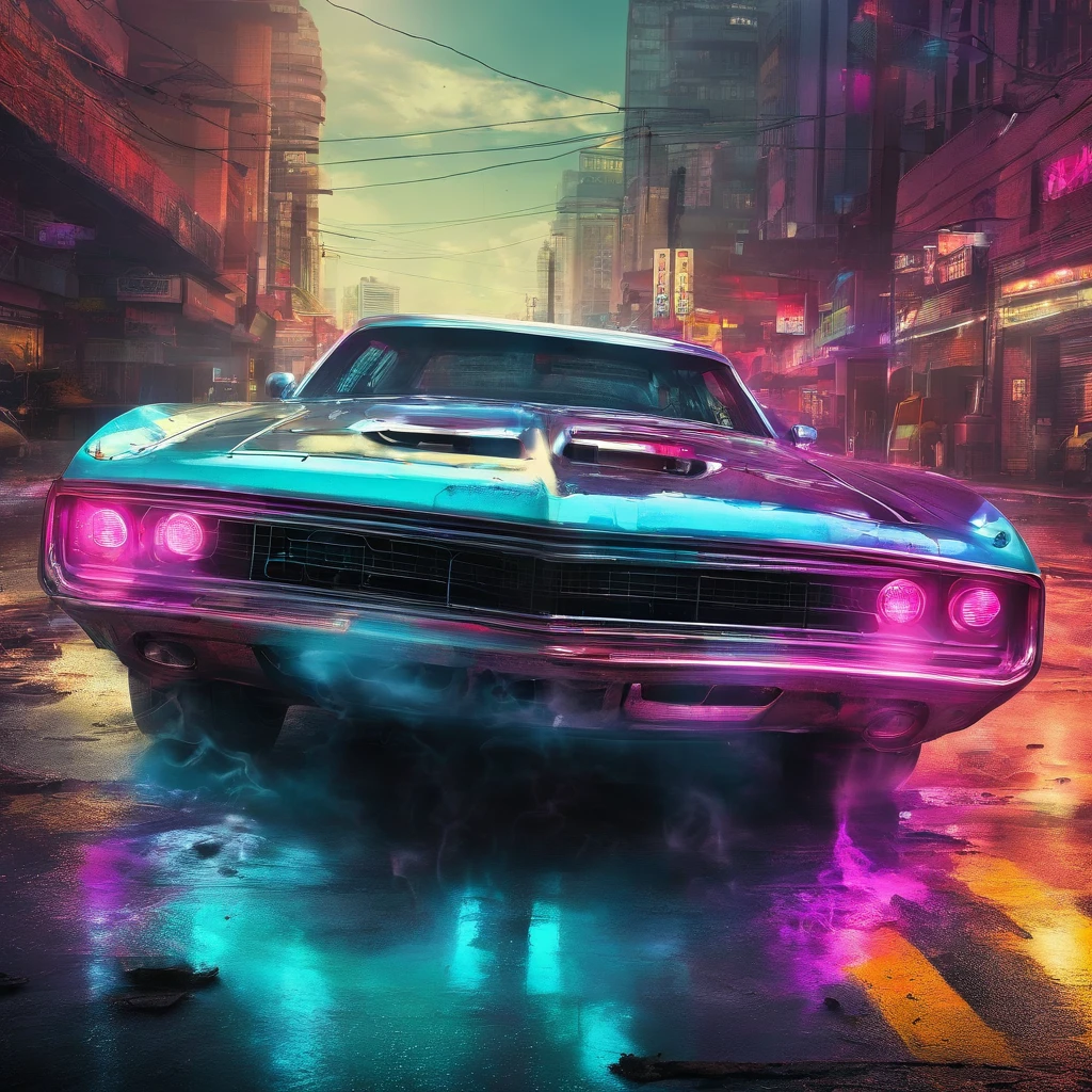 colorful muscle car, greyed out dystopian city, blowing colors out of its tailpipe, give color back to the city, illustration, ultra-detailed, realistic, vibrant colors, studio lighting, urban landscape, high-res, HDR, dynamic lighting, smoke, smog, abandoned buildings, graffiti, cyberpunk aesthetics, neon lights, futuristic technology, rain-soaked streets, shadows, reflection, speed, motion blur, intensity, urban decay, steel, concrete, asphalt, darkness, contrast, heat haze, shining surfaces
