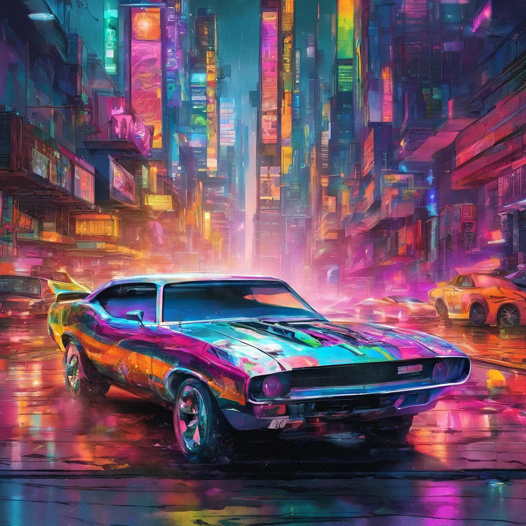 colorful muscle car, greyed out dystopian city, blowing colors out of its tailpipe, give color back to the city, illustration, ultra-detailed, realistic, vibrant colors, studio lighting, urban landscape, high-res, HDR, dynamic lighting, smoke, smog, abandoned buildings, graffiti, cyberpunk aesthetics, neon lights, futuristic technology, rain-soaked streets, shadows, reflection, speed, motion blur, intensity, urban decay, steel, concrete, asphalt, darkness, contrast, heat haze, shining surfaces
