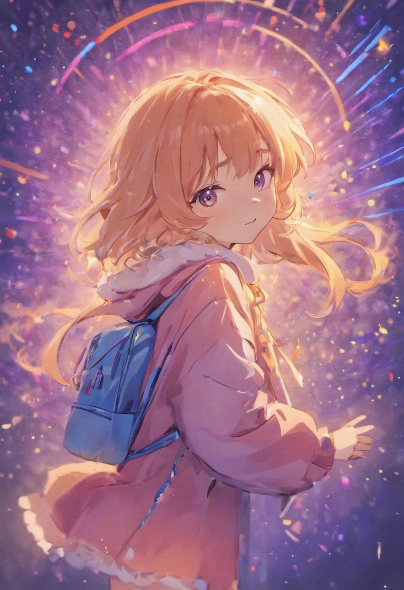 Stars shine,Colorful,Lolita style clothes,Cartoon little backpack,teens girl,Embracing a bear cub,Clumsy jumps,pretty and cute,Kids Illustration,glow effect,dingdall effect,depth of fields,highlight,Real Light,Ray traching,OC rendering,Hyper-realistic,best qualtiy,8K,Works of masters,super-fine,Detailed pubic hair,Correct anatomy,sharp focus on eyes,Bokeh,Facial features are carefully drawn