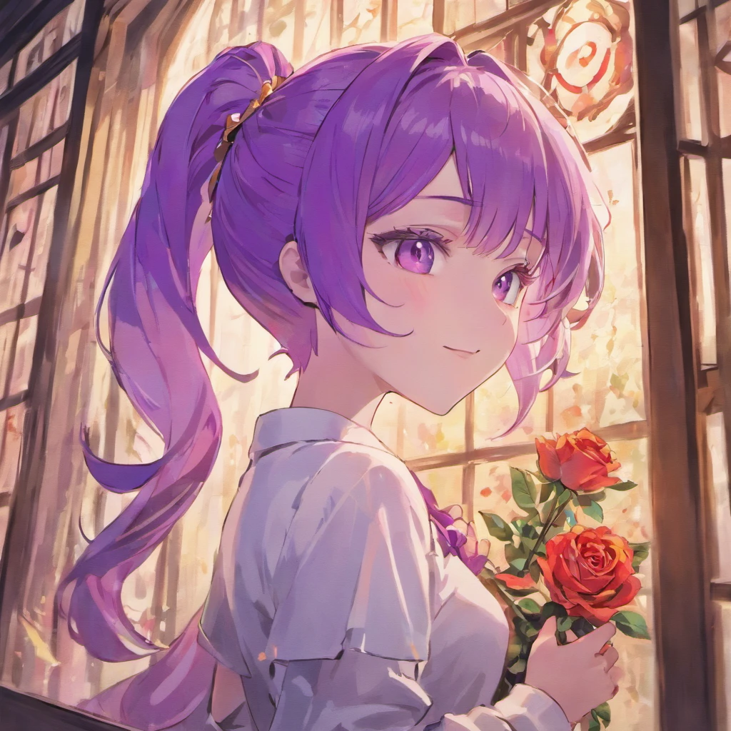 Short ponytail, light purple hair, light skin, purple eyes, white shirt, upper body, smiling, holding mauve roses, fantasy beautifully lit window,handsome guy,