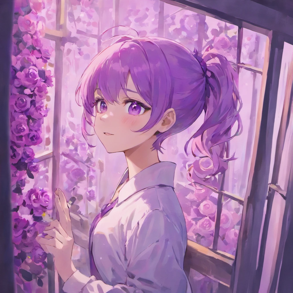 Short ponytail, light purple hair, light skin, purple eyes, white shirt, upper body, smiling, holding mauve roses, fantasy beautifully lit window,handsome guy,