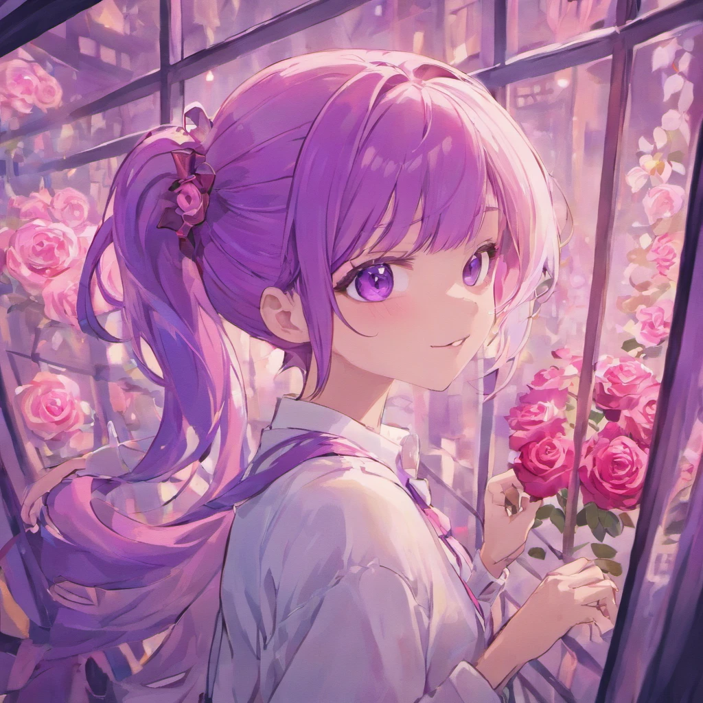Short ponytail, light purple hair, light skin, purple eyes, white shirt, upper body, smiling, holding mauve roses, fantasy beautifully lit window,handsome guy,