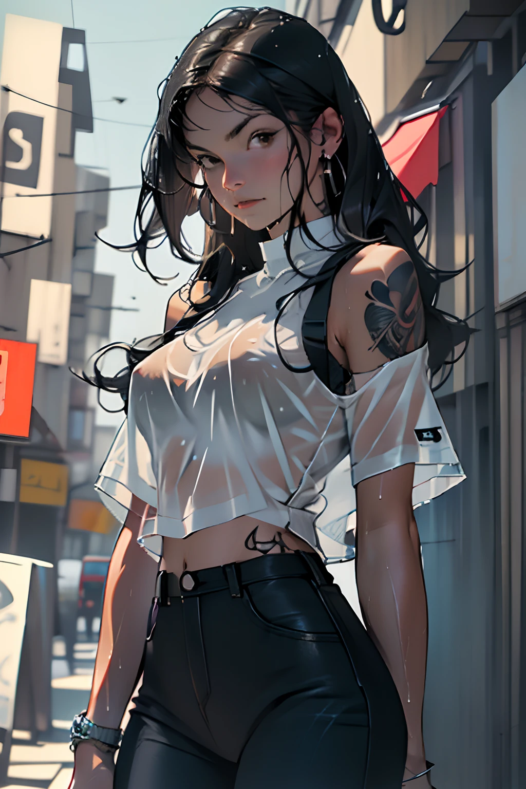 ((Simon Bisley)), Beautiful full-bodied woman, 30 years old, muscular and perfect body, (extremely detailed CG unity 8k wallpaper), (masterpiece), (best quality), (ultra-detailed), (best illustration), (best shadow), (absurdres), 1girl, solo, valmet, brown eyes, muscular female, white wet tank top, midriff, black pants, arm tattoo, long hair, looking at viewer, expressionless, street, cityscape, (wet transparent T-shirt:1.1), tits visible through wet t-shirt, (visible tits:1.1), no bra