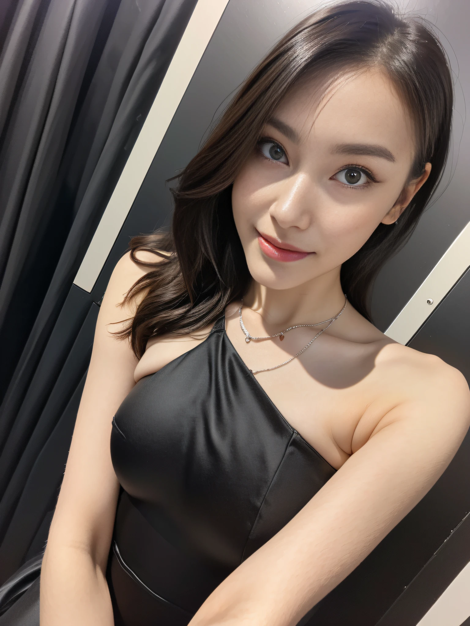 (((masutepiece:1.4, Best Quality:1.4, in 8K,))), 超A high resolution, Physically Based Rendering, Portrait, Super Beautiful Sexy Woman, 24 year old, Detailed Big Eyes, Detailed thin eyebrows, Highlights in the eyes, Half Up Dark Brown Hair, Highly detailed facial and skin texture, Crisp focus, Clear focus:1.2, Slender beauty:1.4, ((Large breasts:1.5)), Slim abs, oval-face, Lip gloss, Clear facial features, Gentle smile, Standing, tight black lame dress, Lifting the dress yourself, Bare shoulders, No shoulder strap, Sleeveless, Without arm cover, ((New York City at night:1.4)), The spotlight is too bright、Camera Flash、