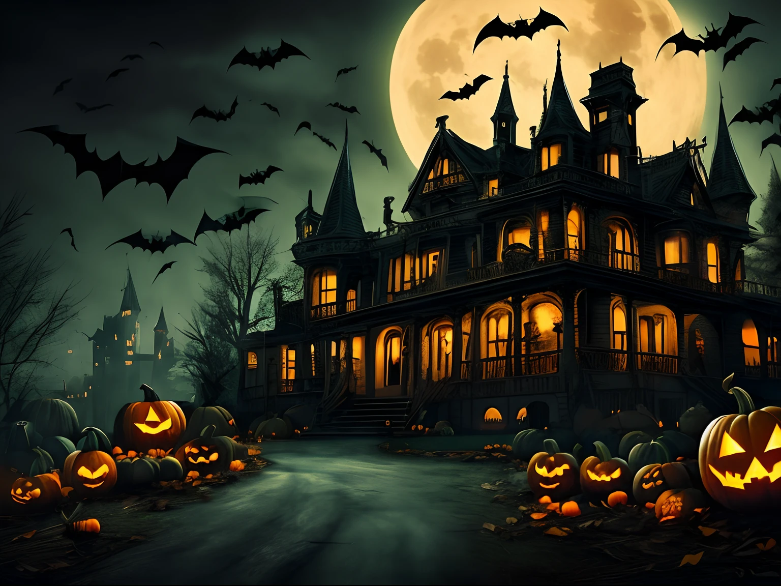 halloween scene with pumpkins and a creepy castle in the background, halloween scene, halloween atmosphere, spooky halloween night, halloween theme, spooky and scary atmosphere, spooky halloween theme, flickering light, huge fullmoon, halloween celebration, halloween night, halloween, halloween art style, haunted house themed, spooky mansion, scary night, background artwork, haunting and spooky, scary magical background, artwork, scary atmosphere