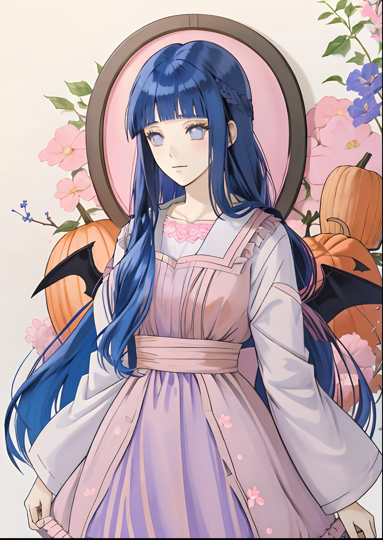 anime girl with long blue hair and pink dress standing in front of a flowered wall, holo, hinata hyuga, shoujo manga character design, anime girl with long hair, halloween, dark blue hair, blunt bangs, halloween theme