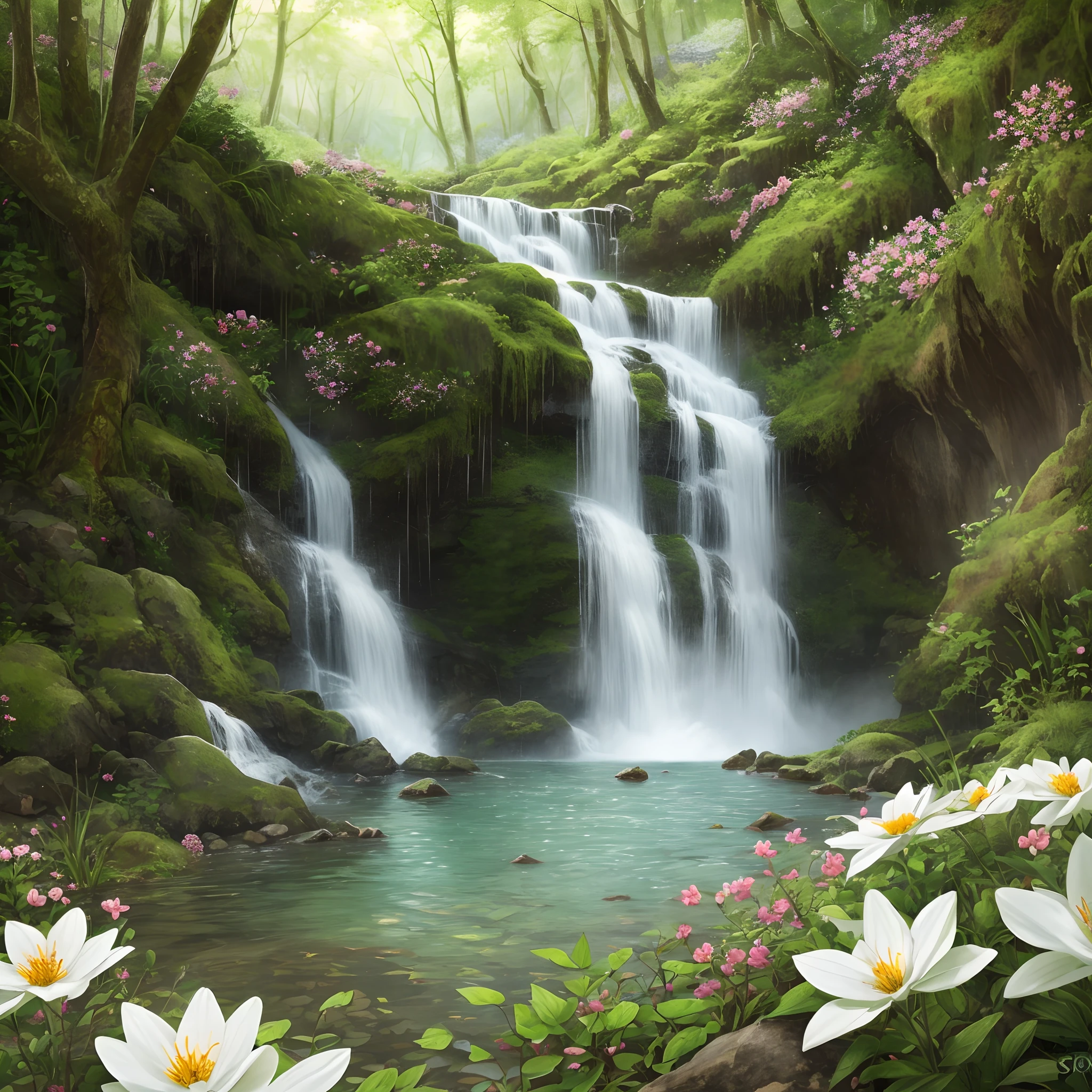 A waterfall in forest with blooming flowers --auto --s2