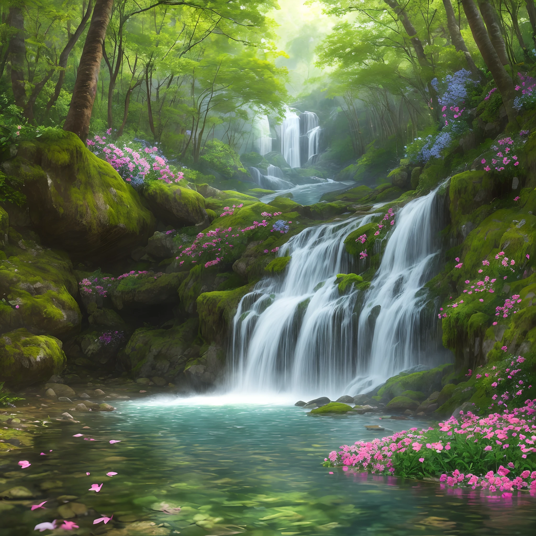 A waterfall in forest with blooming flowers --auto --s2