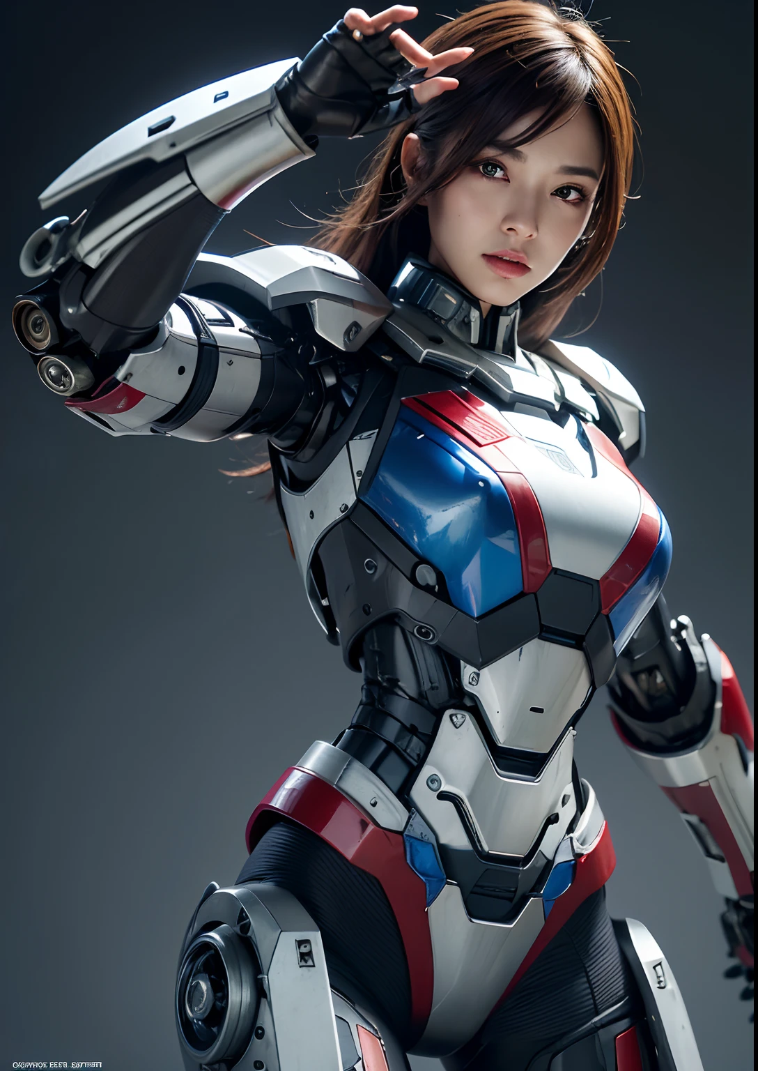 Textured skin, Super Detail, high details, High quality, Best Quality, hight resolution, 1080p, hard disk, Beautiful,(Iron Patriot),2 females,beautiful cyborg woman,Mecha Cyborg Girl,Battle Mode,Girl with a Mecha Body,She wears a futuristic Iron Patriot mech,Fulll body Shot