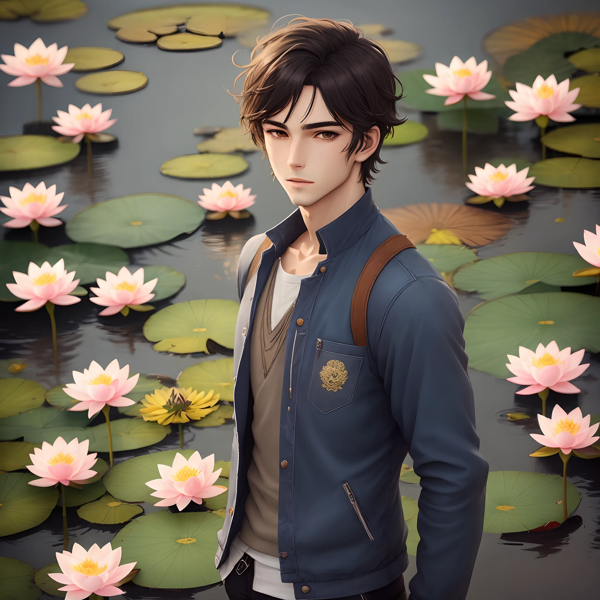 Personnage masculin, style anime, charismatique avec fleur de lotus. Regard profond et dynamique.
