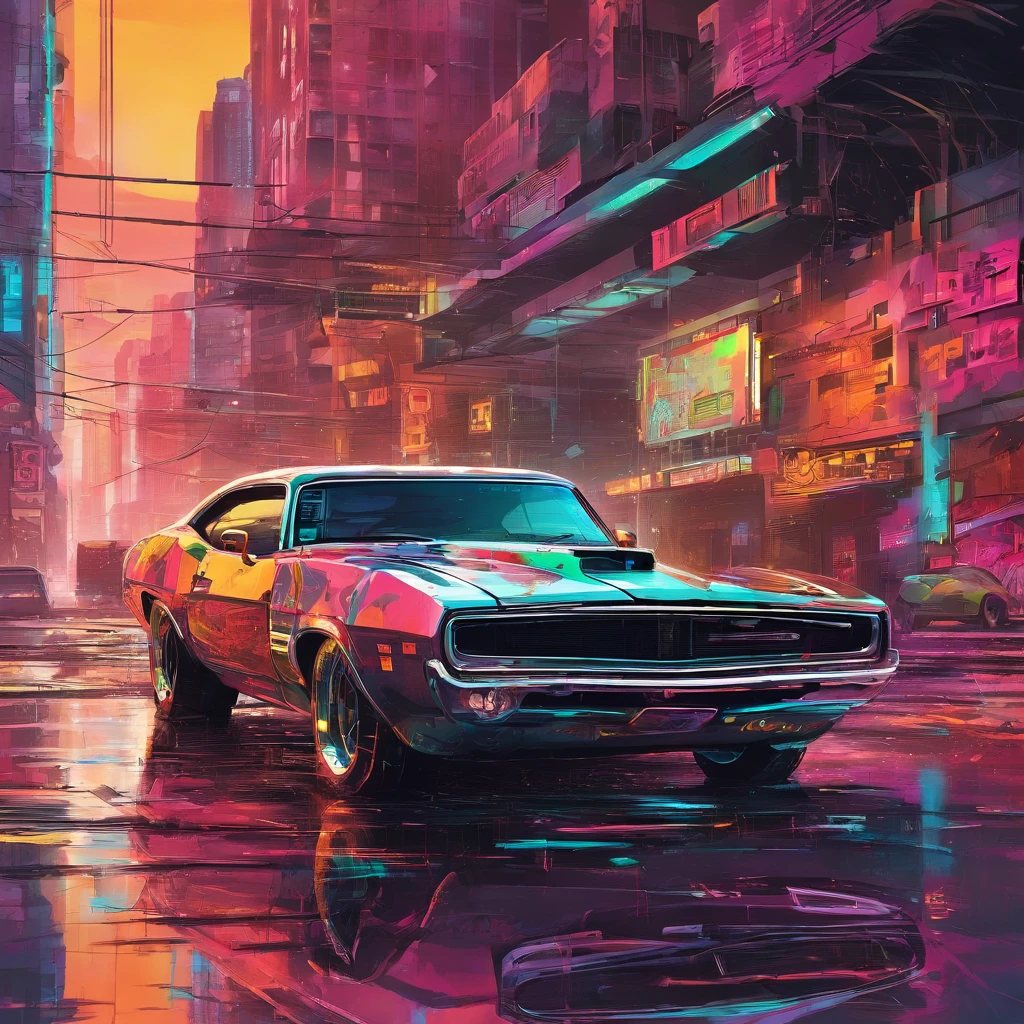 colorful muscle car, greyed out dystopian city, blowing colors out of its tailpipe, give color back to the city, illustration, ultra-detailed, realistic, vibrant colors, studio lighting, urban landscape, high-res, HDR, dynamic lighting, smoke, smog, abandoned buildings, graffiti, cyberpunk aesthetics, neon lights, futuristic technology, rain-soaked streets, shadows, reflection, speed, motion blur, intensity, urban decay, steel, concrete, asphalt, darkness, contrast, heat haze, shining surfaces