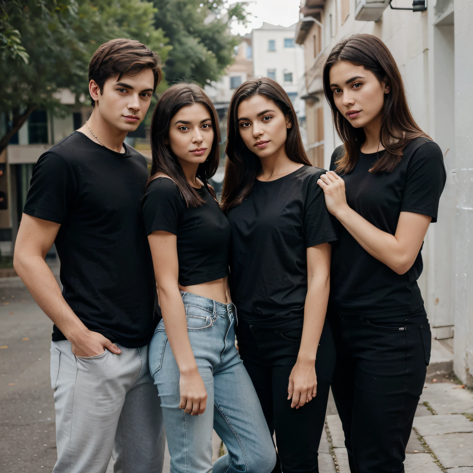 a group of 4 friends include both male and female in plain black tshirt, ngo like style, real image