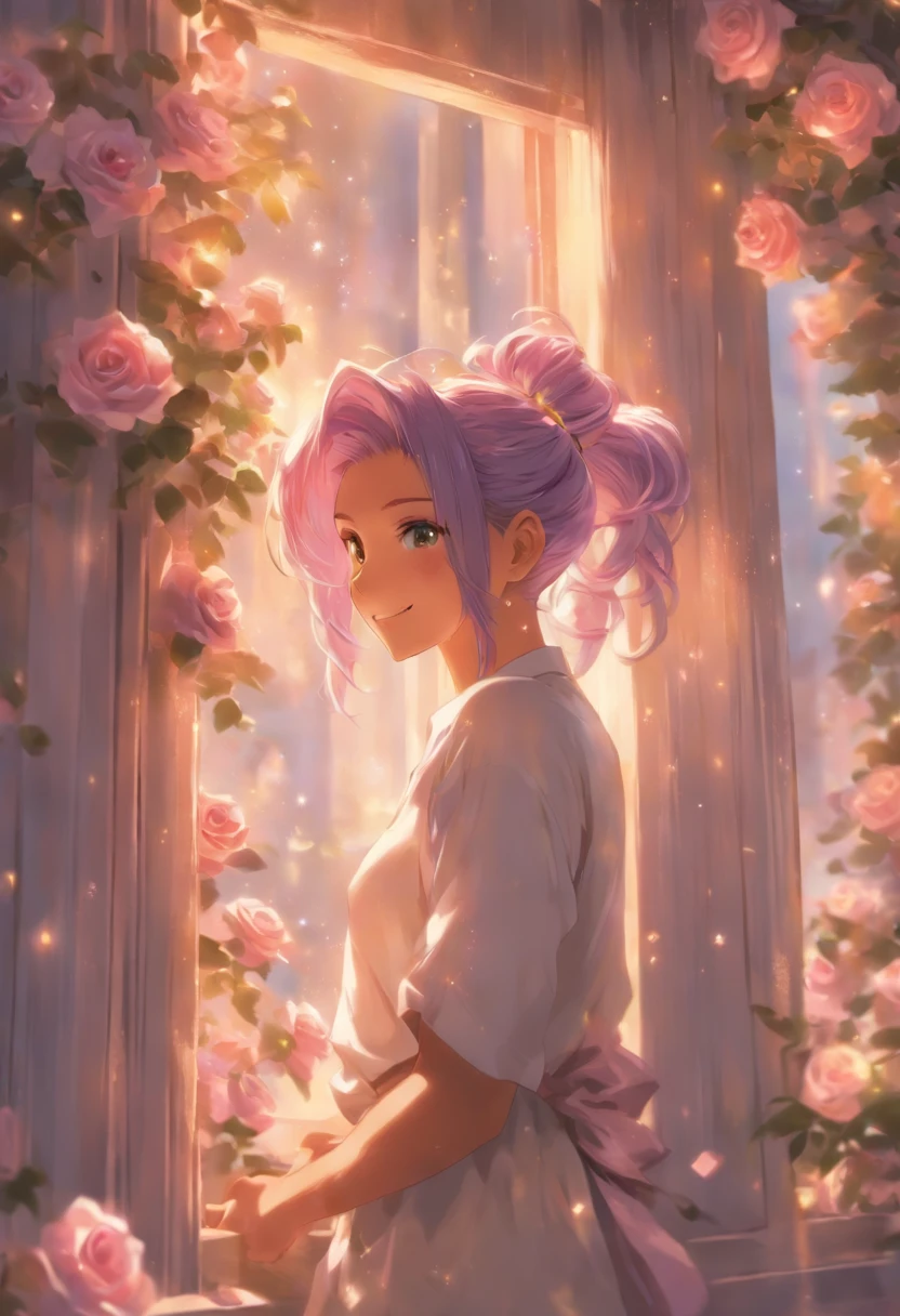 Short ponytail, light purple hair, light skin, purple eyes, white shirt, upper body, smiling, holding mauve roses, fantasy beautifully lit window,boy,masterpiece,