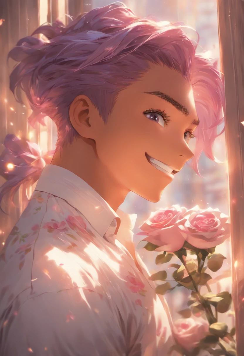 Short ponytail, light purple hair, light skin, purple eyes, white shirt, upper body, smiling, holding mauve roses, fantasy beautifully lit window,boy,masterpiece,