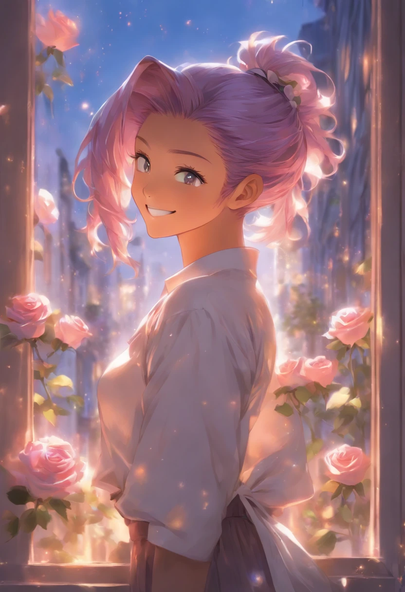 Short ponytail, light purple hair, light skin, purple eyes, white shirt, upper body, smiling, holding mauve roses, fantasy beautifully lit window,boy,masterpiece,