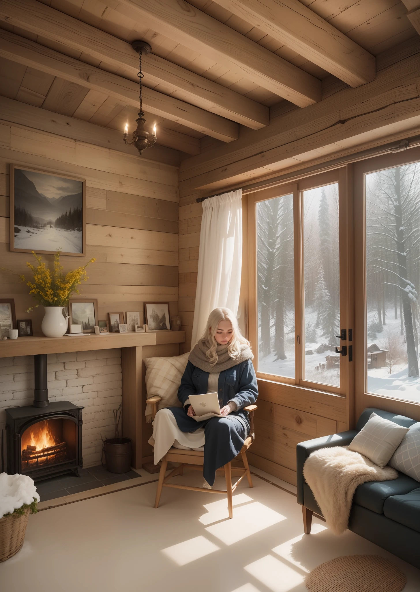a cozy, rustic cabin tucked away in the mountains, softly blanketed by fresh snow. The cabin is well-appointed with a snug space on the top designated as an attic room which houses a comfortable bed positioned perpendicular to windows that provide ample nature light and breathtaking views of the imposing snow-clad mountains around. Adjacent to this sleeping sanctuary is a simple yet functional bathroom, illuminated by two vintage lamps and a window that ushers in the soft glow of winter sunlight bouncing off the snow-laden landscape outside. The bedrooms transition beautifully into a warm, welcoming living space nestled by an alluring fireplace, it is an ideal spot to curl up with a book from the teeming book shelf. Adding a touch of comfort and tranquility to this space, a woman is to be seen engrossed in a book near the fireplace, perhaps finding warmth and solace in both the glowing embers and the engaging pages.The cabin combines simplicity with convenience striking a beautiful balance as it serves a refuge offering the warmth and comfort of a home while surrounded by the chilly but inspiring presence of nature. --auto --s2