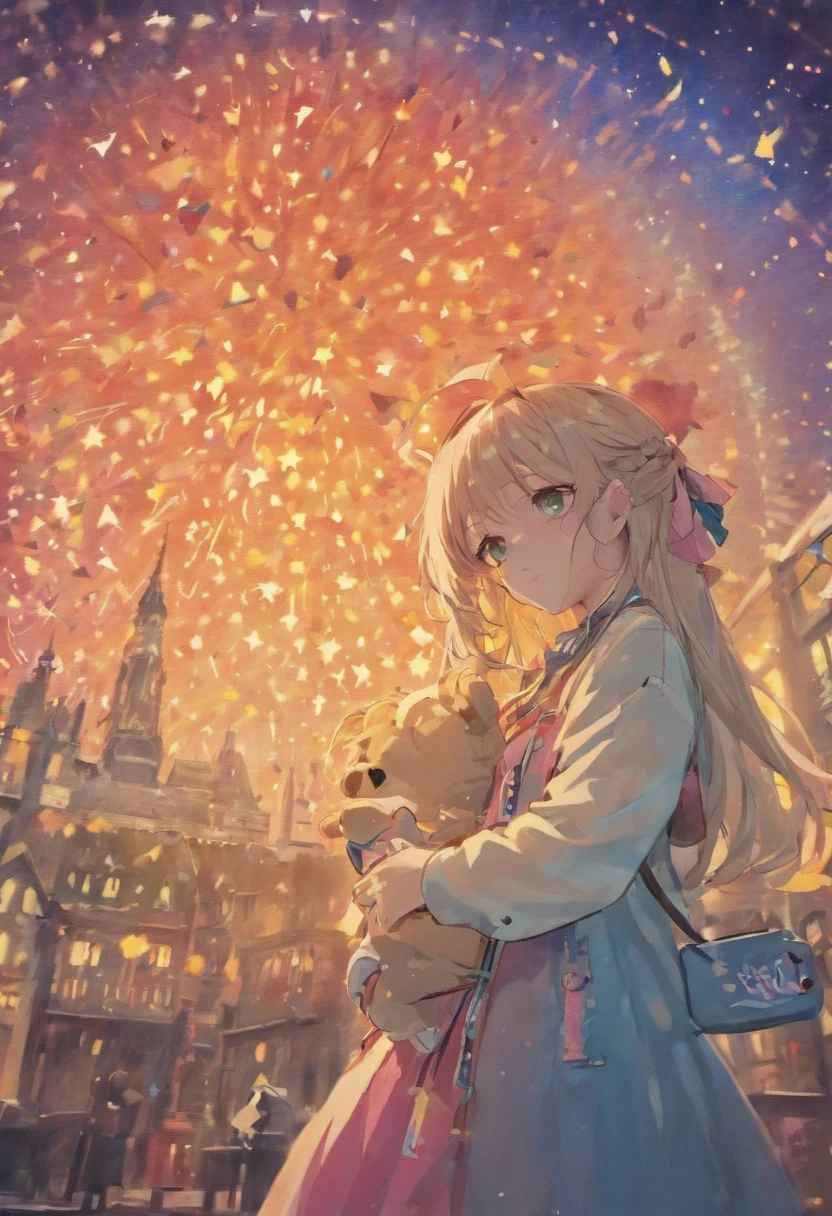 Stars shine，Colorful，ta style clothes，Cartoon little backpack，teenrl，Embracing a bear cub，jumpping，Cute Kids Illustration，glow effect，dingdall effect，depth of fields，highlight，Real Light，Ray traching，OC rendering，Hyper-realistic，best qualtiy，8K，Works of masters，super-fine，Detailed pubic hair，Correct anatomy，sharp focus on eyes，Bokeh，Facial features are carefully drawn