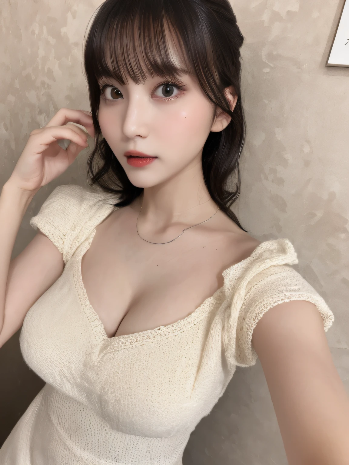 masutepiece, Best Quality, Illustration, Ultra-detailed, finely detail, hight resolution, 8K Wallpaper, Perfect dynamic composition, Beautiful detailed eyes,  Natural Lip, Sexy knitted dresses , Big breasts, cleavage, Random sexy poses, Full body