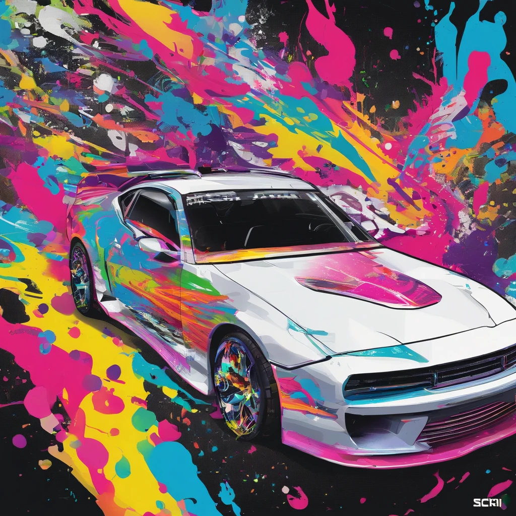 a close up of a car with a lot of paint on it, anime car wrap, car paint, vivid!!, samurai vinyl wrap, * colour splash *, splash of color, vivid colors!, subaru, vivid colors!!, future!!, graffiti inspired, realistic paint job, splashed with graffiti art, vibrant and powerful, paint style, hyper colorful, colour splash