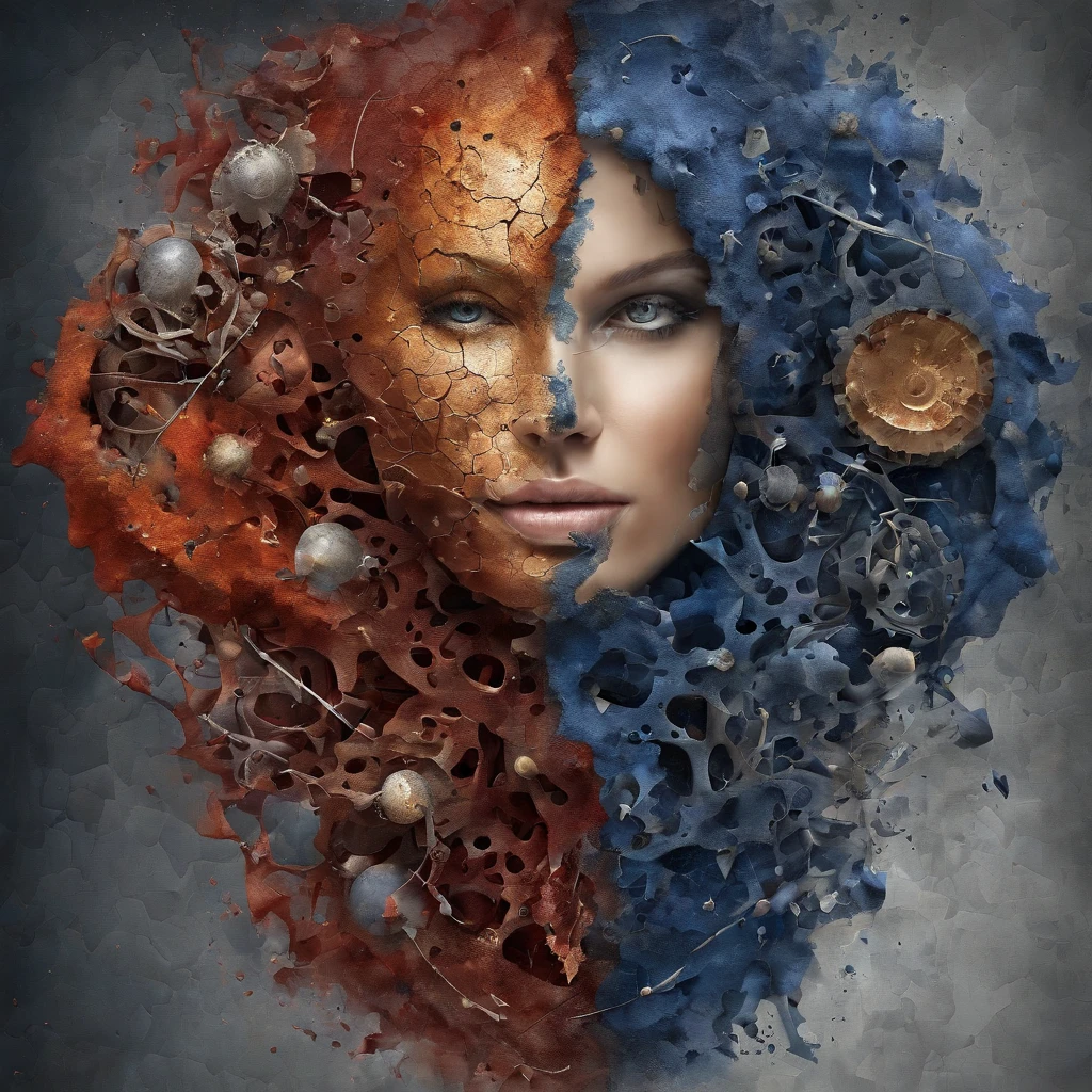 3D puzzles , Gaze at the beauty , Redhead, Explosive warhead, Machine parts embedded in the face, volatile, inspired by Igor Morski, dramatic artwork, photomanipulation, photo manipulation, disintegration,, explosion of data fragments, Tinnitus, Official artwork, incredible high details, photoshop art, Noise effect, Dark blue