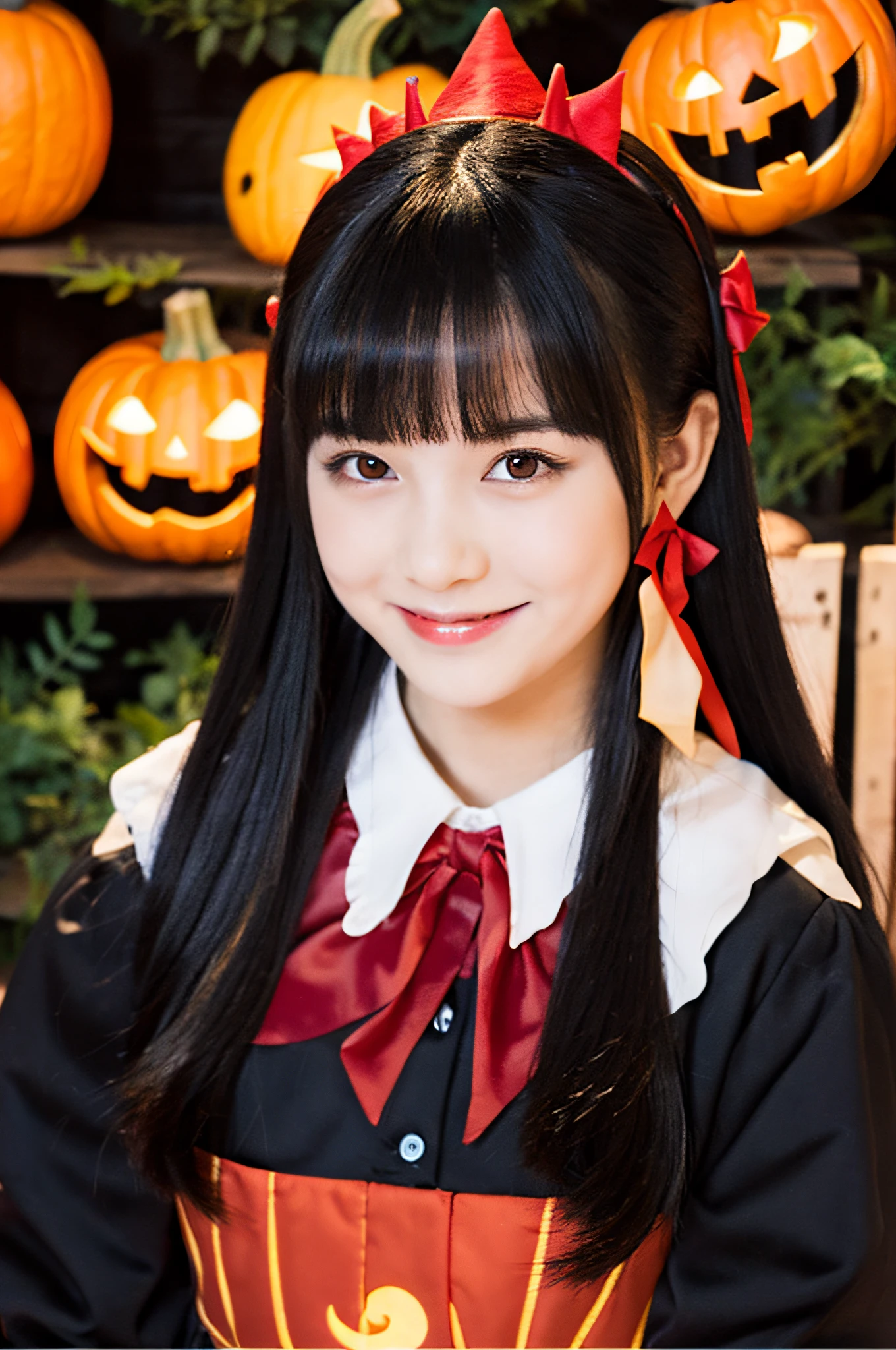 masterpiece、top-quality、ultra-detailliert、Halloween, pumpkins, Long Black Hair, Red Eyes, Smile, Blunt bangs, Ahoge, Night, Pointed ears, Little Devil Hornhead, Moon, Vampire