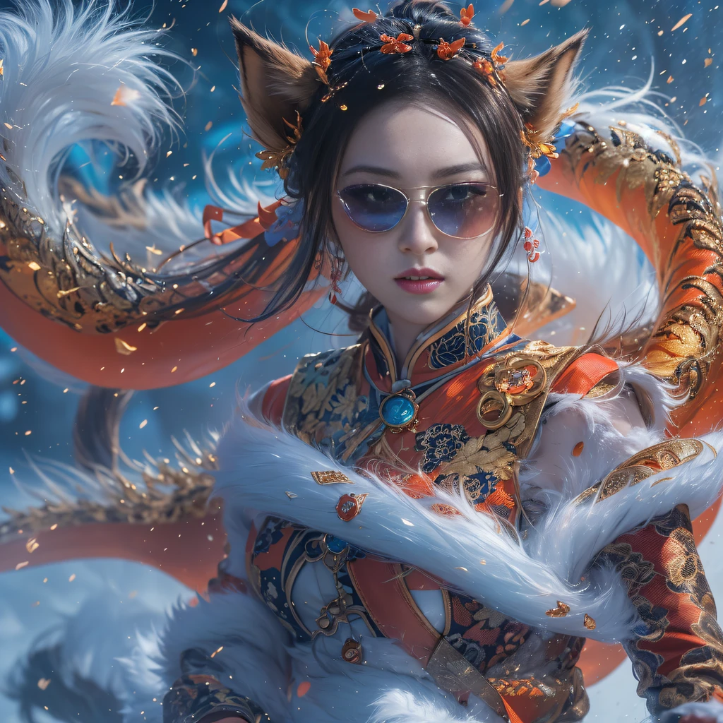 cinematic cgsociety,Flying Nine-Tailed Light Blue Sky Division Flame Hairy Fox Star,Erotic,Torch Night Black Gold Orange Brocade Silk Snake Print Silk Pants,Rouge diamond tulle sheer lizard-patterned leggings,Fat woman flying in the snow in space,Front view,Pure transparency,Wear boxing gloves,Wear thick-rimmed reflective sunglasses with gold threads,Panorama ultra-wide angle,extremely happy,The texture of the real person is delicate,Strong visual impact,Hyper-detailing,Dream girl,Refined face,prettyeyes,Hair strands float in the air, Cherry model,Zhou Xiaotong,
