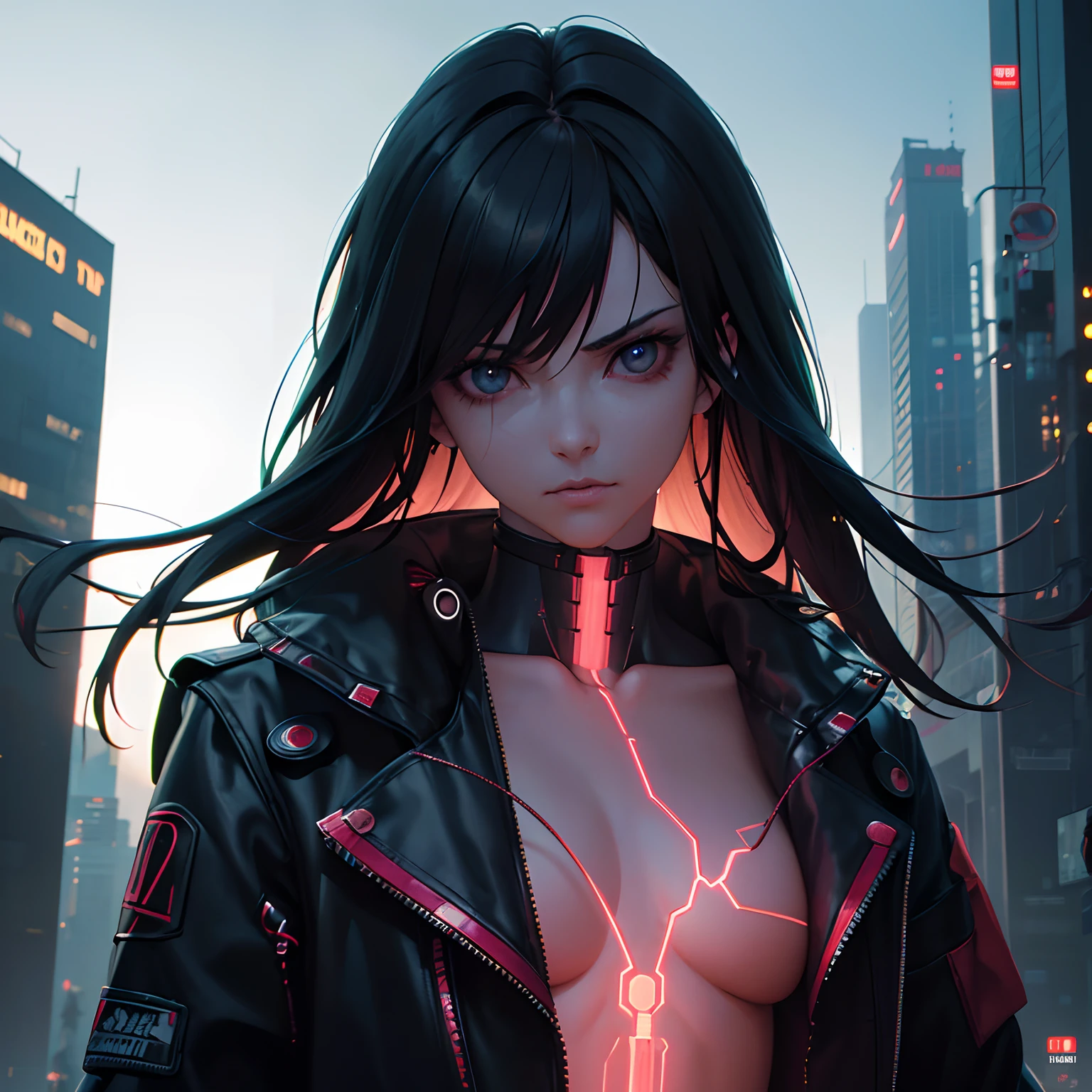 Superior Quality, masterpiece, 超A high resolution, ((Photorealista: 1.4), Photo Raw, A dark-haired, Tough skin, 1 Mechanic, (super realistic details)), globalillumination, shadowy, Octane Rendering, 8K, ultrasharp,exposed face, Metal, Intricate decoration details, Egyptian details, high intricate detailed, Realistic light, Trends in CG, in front of camera, neon details, Mechanical limbs, blood vessels connected to tubes, Mechanical vertebrae attached to the back, Mechanical cervical attachment to the neck, wires and cables connecting to head, Evangelion, Small bright LED bulb, (Stunning cyberpunk cityscape in the background)Close-up portrait of a ferocious warrior holding two bloody swords, cyberpunk anime art, cyberpunk anime art, an animated character; Full Body Art,Change from cyberpunk, digital cyberpunk - anime art, Digital Art Cyberpunk Anime, Cyberpunk weapons, cyberpunk themed art, cyberpunk art style,Experienced Cyberpunk Anime Man, Cyberpunk Art, cyberpunk horror style