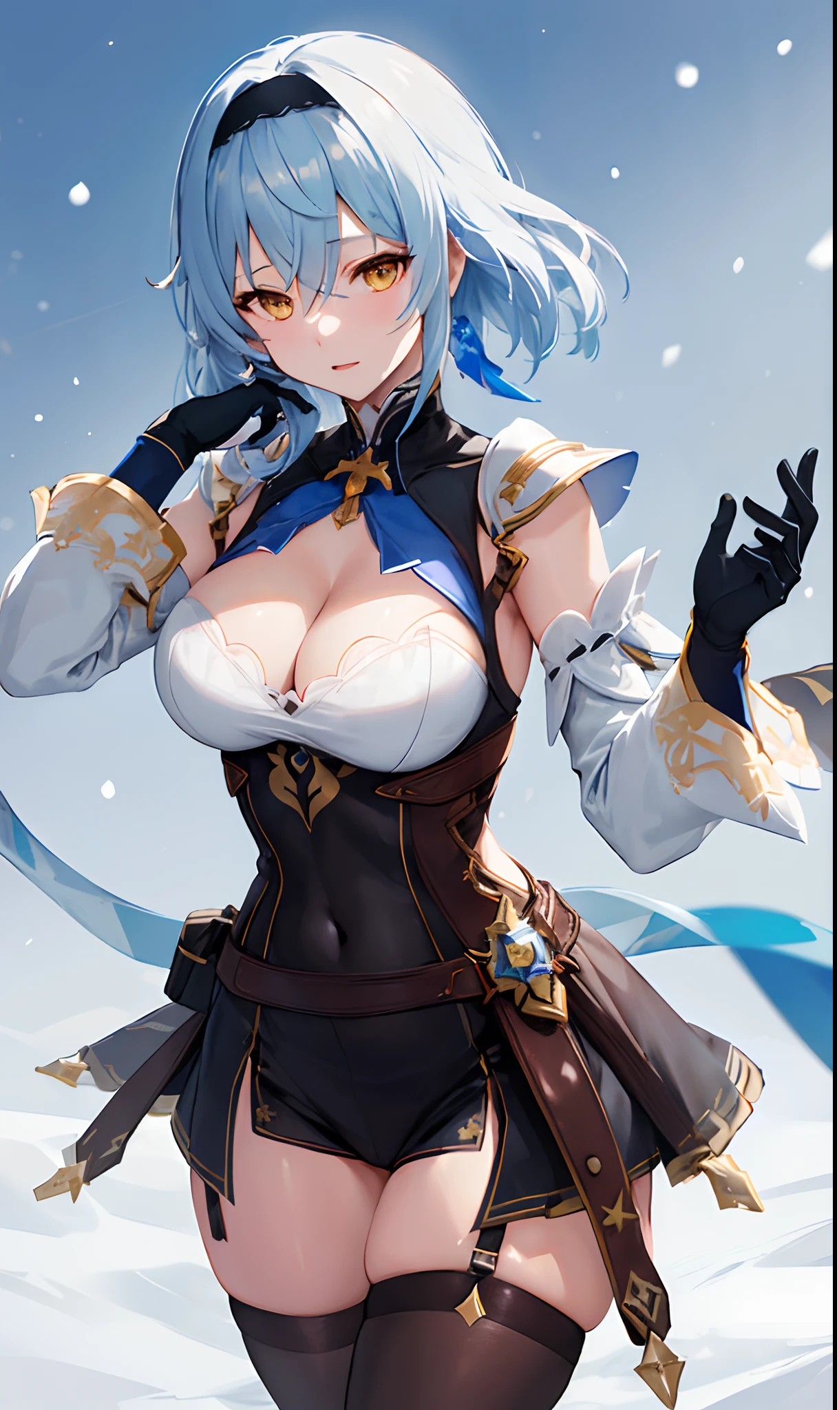 ((masterpiece, best quality)), (1girl),((mature female)), lightblue hair,thighhighs, hairband, thighs, long sleeves, gloves,  bangs, dark golden yellow eyes, medium hair, leotard, hair ornament, black hairband, shoulder cutout, black thighhighs, blue necktie, (large breasts:1.2), (busty),armpits, tying hair,curvy,cleavage,confident, [wide hips],snowing,nature, eula \(genshin impact\), pov