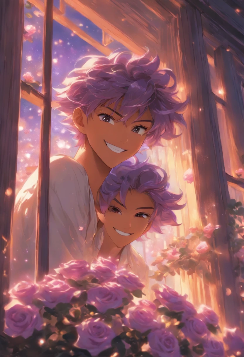 light purple hair, light skin, purple eyes, white shirt, upper body, smiling, holding mauve roses, fantasy beautifully lit window,boy,be looking straight ahead